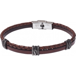 Bracelet acier - cuir et cuir tressé italien marron - composants acier effet veilli - 21,5cm