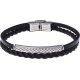 Bracelet acier - cuir 2 rangs et cuir tressé italien noir - plaque acier 4cm - 21,5cm