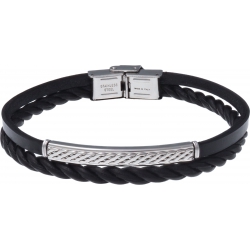 Bracelet acier - cuir 2 rangs et cuir tressé italien noir - plaque acier 4cm - 21,5cm