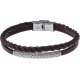 Bracelet acier - cuir 2 rangs et cuir tressé italien marron - plaque acier 4cm - 21,5cm