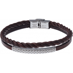 Bracelet acier - cuir 2 rangs et cuir tressé italien marron - plaque acier 4cm - 21,5cm