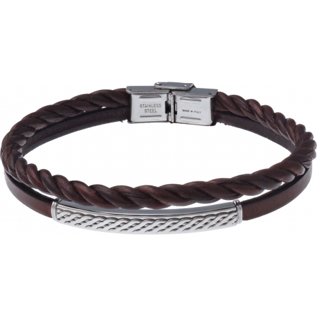 Bracelet acier - cuir 2 rangs et cuir tressé italien marron - plaque acier 4cm - 21,5cm