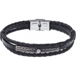 Bracelet acier - cuir italien noir 2 rangs tressés et 1 lisse -  plaquer acier effet veilli, 1 vis - 21,5cm