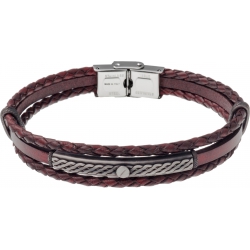 Bracelet acier - cuir italien marron 2 rangs tressés et 1 lisse -  plaquer acier effet veilli, 1 vis - 21,5cm