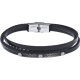 Bracelet acier - cuir italien noir 3 rangs tressés et 1 lisse -  plaquer acier effet veilli, 3 vis - 21,5cm