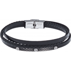 Bracelet acier - cuir italien noir 3 rangs tressés et 1 lisse -  plaquer acier effet veilli, 3 vis - 21,5cm