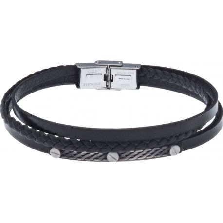 Bracelet acier - cuir italien noir 3 rangs tressés et 1 lisse -  plaquer acier effet veilli, 3 vis - 21,5cm