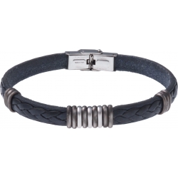 Bracelet acier - cuir bleu italien - 3+9+3 composants acier - 21,5cm