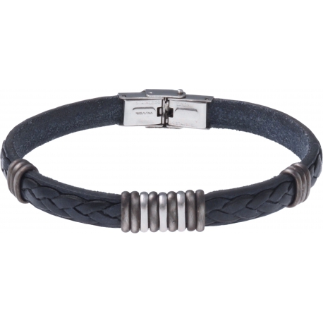 Bracelet acier - cuir bleu italien - 3+9+3 composants acier - 21,5cm