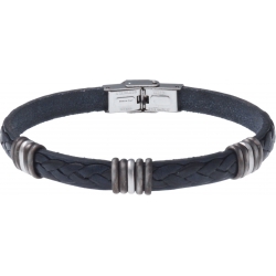 Bracelet acier - cuir bleu italien - 5x3 composants acier - 21,5cm
