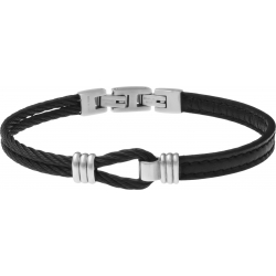 Bracelet acier - cuir noir - nœud marin - 2 câbles acier noir - 19,5+1,5cm