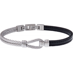 Bracelet acier - cuir noir - nœud marin - 2 câbles acier - 19,5+1,5cm
