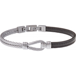 Bracelet acier - cuir marron - nœud marin - 2 câbles acier - 19,5+1,5cm