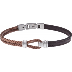 Bracelet acier - cuir marron - nœud marin - 2 câbles acier marron - 19,5+1,5cm