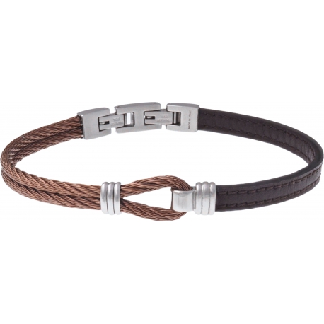 Bracelet acier - cuir marron - nœud marin - 2 câbles acier marron - 19,5+1,5cm