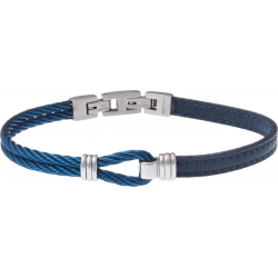 Bracelet acier - cuir bleu - nœud marin - 2 câbles acier bleu - 19,5+1,5cm