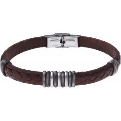 Bracelet acier - cuir marron italien - 3+9+3 composants acier - 21,5cm