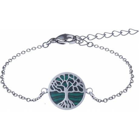 Bracelet acier - arbre de vie - malachite - diamètre 14mm - longueur 16+4cm