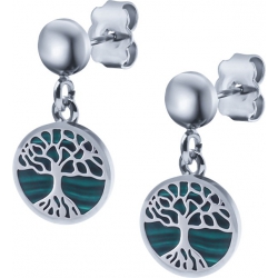 Boucles d'oreille acier - arbre de vie - malachite - diamètre 14mm