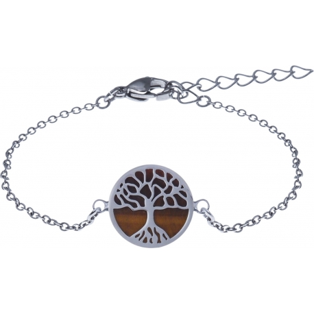 Bracelet acier - arbre de vie - œil de tigre - diamètre 14mm - longueur 16+4cm