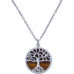 Collier acier - arbre de vie - œil de tigre - diamètre 18mm - longueur 40+5cm