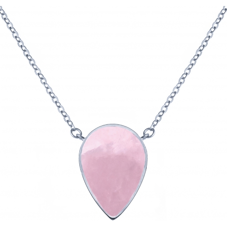 Collier acier -  goutte 14x8mm - quartz rose - 38+5cm