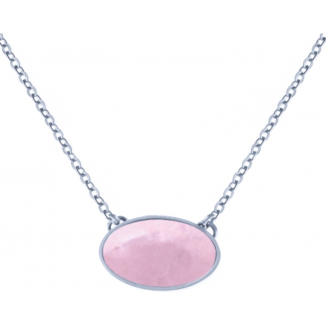 Collier acier -  oval 14x10mm- quartz rose - 38+5cm