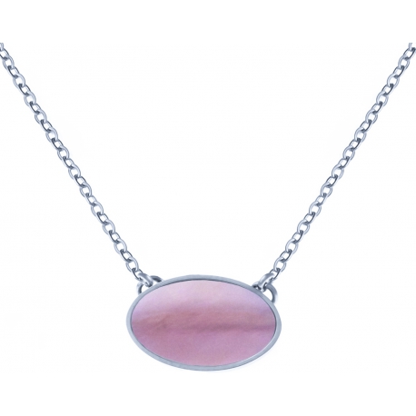 Collier acier - oval 14x10mm - nacre rose - 38+5cm