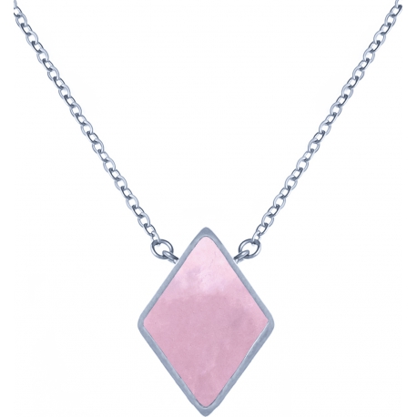 Collier acier -  losange 10x10mm - quartz rose - 38+5cm