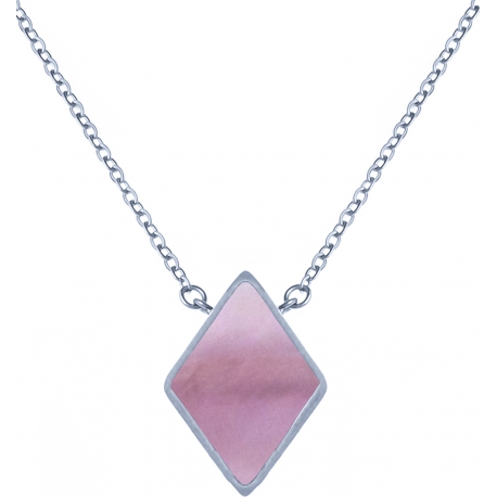 Collier acier -  losange 10x10mm - nacre rose - 38+5cm