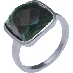 Bague acier - coussin 12x12mm - malachite facetté - T50 à T62