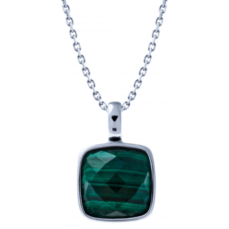 Collier acier - coussin 14x14mm -  malachite facetté - 40+10cm