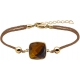 Bracelet acier doré coton marron - coussin 12x12mm - œil de tigre facetté - 16+4cm