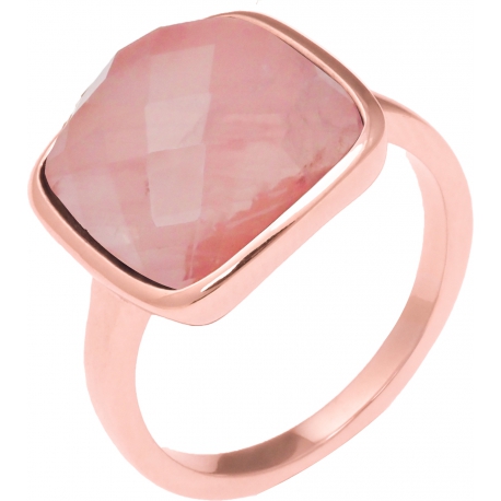 Bague acier rosé - coussin 12x12mm - quartz rose facetté - T50 à T62