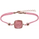 Bracelet acier rosé coton rose - coussin 12x12mm - quartz rose facetté - 16+4cm