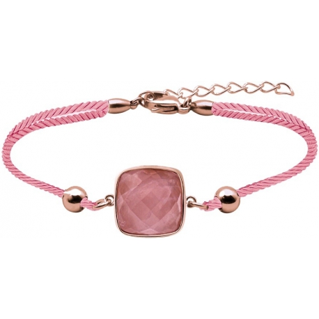 Bracelet acier rosé coton rose - coussin 12x12mm - quartz rose facetté - 16+4cm