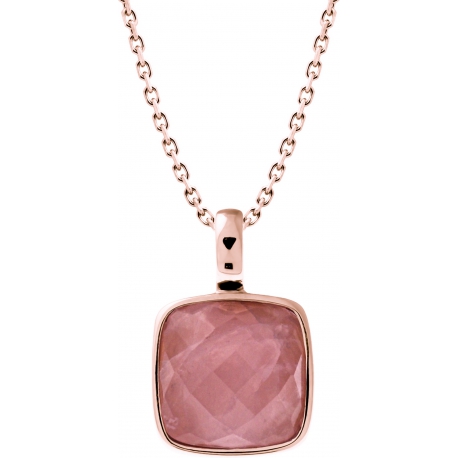 Collier acier rosé - coussin 14x14mm -  quartz rose facetté - 40+10cm