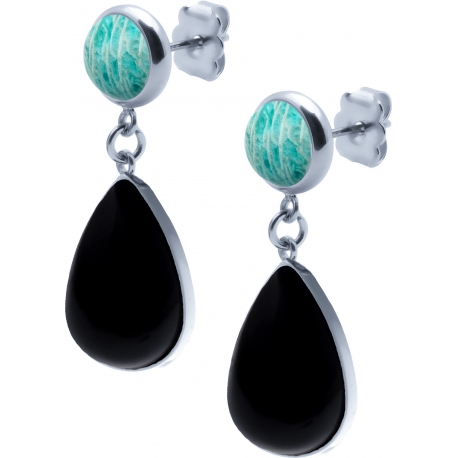 Boucles d'oreille acier - goutte 18mmX13mm - amazonite et onyx