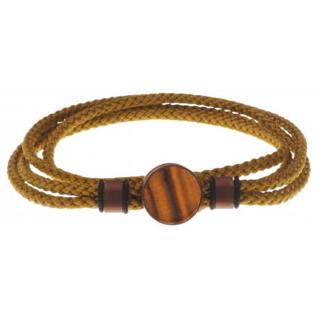 Bracelet double tour acier café - corde marron - œil de tigre 14mm - 41cm