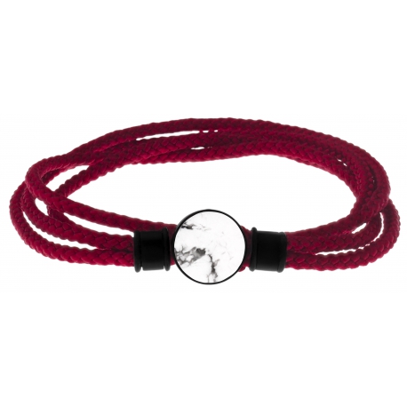Bracelet double tour acier noir - corde rouge - howlite 14mm - 41cm