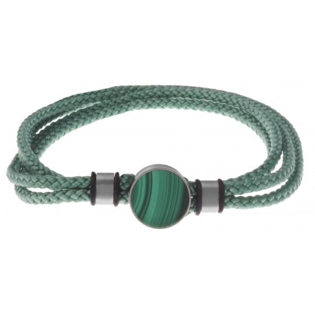 Bracelet double tour acier - corde verte - malachite 14mm - 41cm