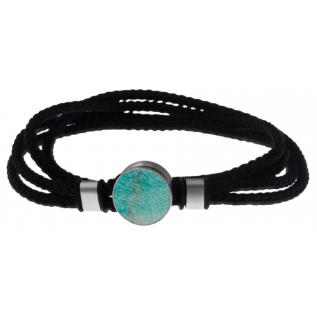 Bracelet double tour acier - corde noire - amazonite 14mm - 41cm