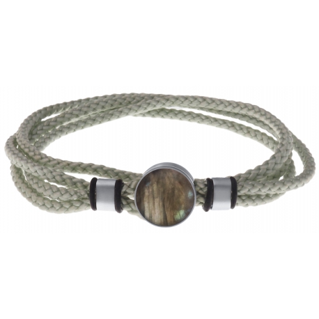 Bracelet double tour acier - corde gris clair vert - labradorite 14mm - 41cm