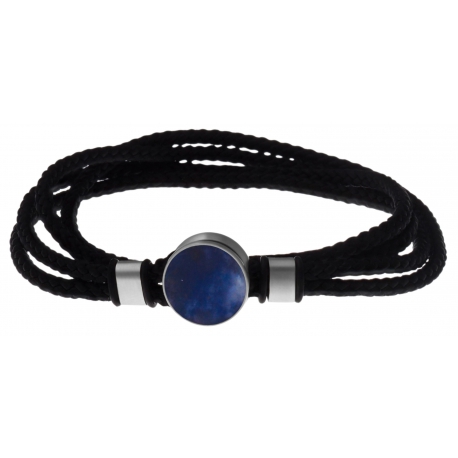 Bracelet double tour acier - corde noire - sodalite 14mm - 41cm