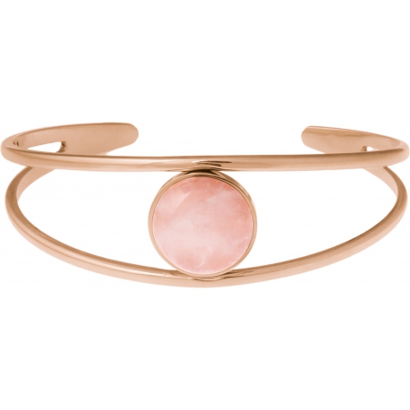 Bracelet jonc acier rosé - 2 rangs - quartz rose - cabochon 14mm - diamètre intérieur 58mm
