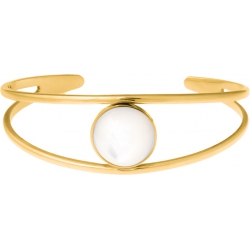 Bracelet jonc acier doré - 2 rangs - nacre blanche - cabochon 14mm - diamètre intérieur 58mm