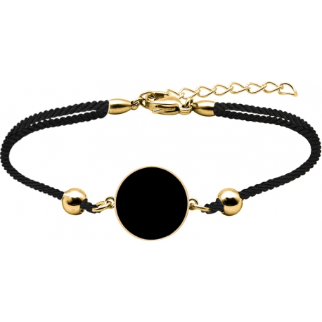 Bracelet acier doré - coton noir - onyx - diamètre pierre 22mm - 16+4cm