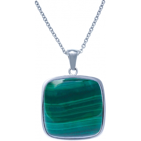 Collier acier - malachite - coussin 25x25mm - 45+5cm