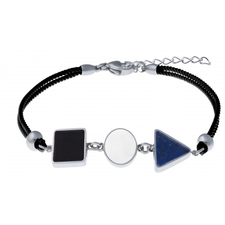 Bracelet acier - coton noir - carré onyx - rond nacre - triangle lapis lazuli - 16+4cm
