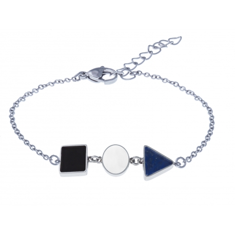 Bracelet acier  - carré onyx - rond nacre - triangle lapis lazuli - 16+4cm